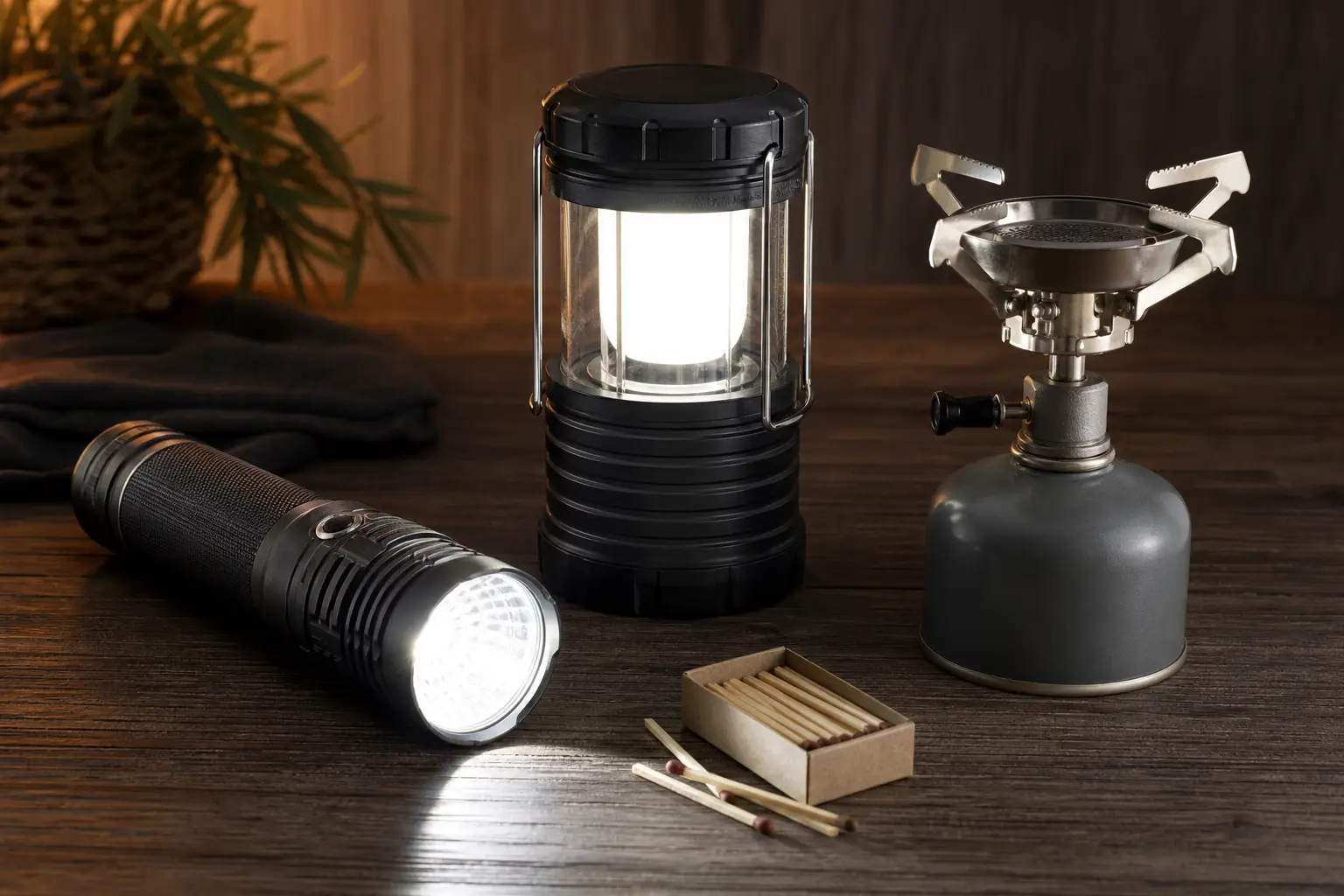 Ficklampa och camping-kamin för beredskap